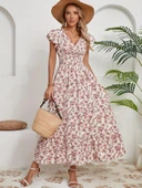 Kadın Kısa Kollu Kruvaze Yaka Beli Lastikli çiçek Desenli Elbise thumbnail 3