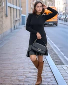 Kadın Uzun Kollu Bisiklet Yaka üst Viskon Etek Ucu Deri Kısa Elbise thumbnail 2