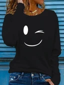 Kadın Uzun Kollu Bisiklet Yaka Gülen Yüz Desenli Viskon Bluz thumbnail 1