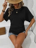 Kadın Kısa Kollu Bisiklet Yaka Yanları Büzgü Detay Yarasa Kol Viskon Bluz thumbnail 1