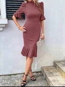 Kadın Kısa Kollu Yarı Balıkçı Yakalı Etek Ucu Fırfırlı Midi Ithal Krep Elbise thumbnail 5