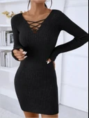 Kadın Uzun Kollu V Yakalı çapraz şerit Detaylı şardonlu Kaşkorse Midi Elbise thumbnail 9