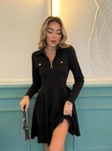 Kadın Uzun Kollu Yakalı Fermuarlı Ve Cepli Kısa Ithal Krep Kısa Elbise thumbnail 2