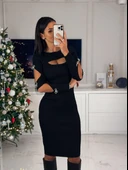 Kadın Dekolte Detaylı Scuba Dalgıç Kumaş Taş Aksesuarli Elbise thumbnail 2