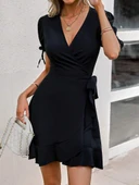 Kadın Kısa Kollu Kruvaze Yakalı Yandan Bağlamalı Janjan Krep Elbise thumbnail 4