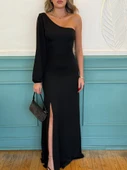 Tek Omuz Açık Derin Yırtmaçlı Krep Tam Boy Elbise thumbnail 2