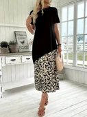 Kadın Kısa Kollu Bisiklet Yaka Leopar Detaylı Midi üst Viskon Alt Süprem Elbise thumbnail 5