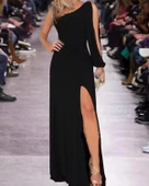 Tek Omuz Açık Derin Yırtmaçlı Krep Tam Boy Elbise thumbnail 3