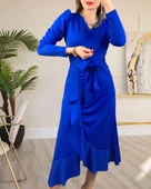 Krep Kumaş Midi Boy Kuşaklı Uzunkol Elbise thumbnail 4