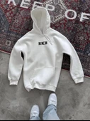Uzun Kol Kapşonlu Göğüs Baskılı SweatShirt - Beyaz - 2