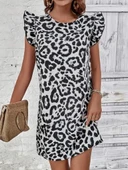 Kadın Kısa Kollu Kolları Fırfır Detay Arkası Bağlamalı Leopar Desen Kolsuz Mini Mikro Elbise thumbnail 1