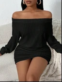 Kadın Uzun Kollu Omuzlardan Açık Yanlardan Büzgülü şardonlu Kaşkorse Elbise thumbnail 5