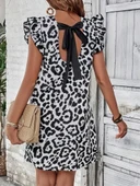 Kadın Kısa Kollu Kolları Fırfır Detay Arkası Bağlamalı Leopar Desen Kolsuz Mini Mikro Elbise thumbnail 2