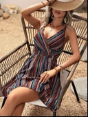 Kadın Ip Askılı Kruvaze Yakalı Beli Lastikli Desenli Süprem Elbise thumbnail 1