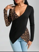 Kadın Uzun Kollu Kruvaze Yakalı Leopar Desen Detaylı Viskon Bluz thumbnail 6