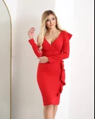 Kadın Kruvaze Yaka Volan Detay Midi Boy Fırsat ürün Elbise thumbnail 1