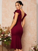 Kadın Kısa Kelebek Kollu Kruvaze Yaka Ithal Krep Midi Elbise thumbnail 4