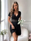 Kadın Kısa Kollu Kruvaze Yakalı Belden Dantelli Kaşkorse Elbise thumbnail 4