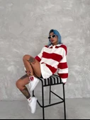 Unisex Üç İplik Parçalı Yakalı SweatShirt - Kırmızı - 4