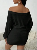 Kadın Uzun Kollu Omuzlardan Açık Yanlardan Büzgülü şardonlu Kaşkorse Elbise thumbnail 4