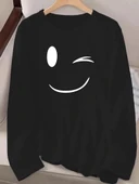 Kadın Uzun Kollu Bisiklet Yaka Gülen Yüz Desenli Viskon Bluz thumbnail 2