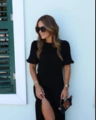 Kadın Kısa Kollu Bisiklet Yakalı Yandan Yırtmaçlı Büzgülü Janjan Krep Elbise thumbnail 2