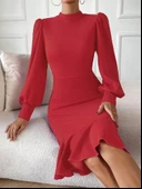 Kadın Uzun Kollu Yarı Balıkçı Yaka Etek Ucu Fırfır Detaylı Midi Ithal Krep Elbise thumbnail 3