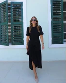 Kadın Kısa Kollu Bisiklet Yakalı Yandan Yırtmaçlı Büzgülü Janjan Krep Elbise thumbnail 3