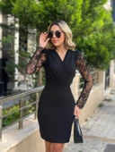 Kadın Uzun Kollu Kruvaze Yaka Kollar Tül Detay Krep Mini Boy Elbise thumbnail 1