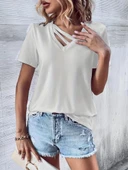 Kadın Kısa Kollu V Yaka şerit Detay Viskon Bluz thumbnail 3