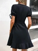 Kadın Kısa Kollu Kruvaze Yakalı Yandan Bağlamalı Janjan Krep Elbise thumbnail 5