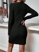 Kadın Uzun Kollu V Yakalı çapraz şerit Detaylı şardonlu Kaşkorse Midi Elbise thumbnail 3