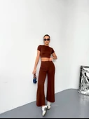 Osy Modal Yumuşak Dokulu Kumaş Kısa Kollu Crop Alt Ispanyol Paça Pantalon Ikili Takım - Kahverengi - 1