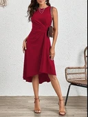 Kadın Sıfır Kollu Bisiklet Yaka Büzgülü Asimetrik Kesim Detaylı Janjan Krep Elbise thumbnail 3