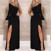 Tek Omuz Açık Derin Yırtmaçlı Krep Tam Boy Elbise thumbnail 1