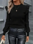 Kadın Uzun Kollu Bisiklet Yaka Omuzları Fırfırlı Triko Bluz thumbnail 4