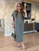 Kadın Kısa Kollu Bisiklet Yaka Omuzdan Düğmeli Uzun Viskon Iki Iplik Elbise thumbnail 3