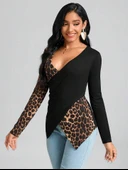Kadın Uzun Kollu Kruvaze Yakalı Leopar Desen Detaylı Viskon Bluz thumbnail 7