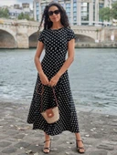 Kadın Kısa Kollu Bisiklet Yaka Puantiyeli Maksi örme Krep Elbise thumbnail 8
