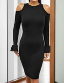 Kadın Uzun Kollu Bisiklet Yaka Omuz Açık Kol Ağzı Fırfır Detay Dalgıç Midi Boy Elbise thumbnail 8