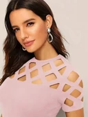 Kadın Kısa Kollu Baklava Desen Lazer Kesim Ithal Krep Bluz thumbnail 5