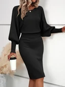 Kadın Uzun Yarasa Kollu Yakası Açık Belden Oturtmalı Kısa Triko Elbise thumbnail 4