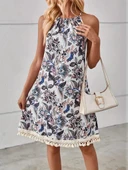 Kadın Halter Yaka Eteği Püsküllü Boyundan Bağlamalı çiçek Desen Süprem Elbise thumbnail 1