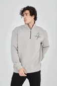 Erkek Yarım Fermuarlı Baskılı Sweat - Boyalı Gri thumbnail 4