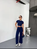 Osy Modal Yumuşak Dokulu Kumaş Kısa Kollu Crop Alt Ispanyol Paça Pantalon Ikili Takım - Lacivert - 3