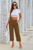 Kadın Beli Lastikli Düğme Ve Cep Detaylı Kapri Ithal Keten Pantolon - 2