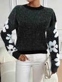 Kadın Uzun Kollu Bisiklet Yaka çiçek Desenli Triko Bluz thumbnail 1