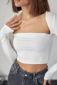 Kara Yaka Uzun Kollu Crop - Beyaz - 4