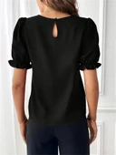 Kadın Kısa Kollu Bisiklet Yaka Kolları Gipeli Ithal Krep Bluz thumbnail 2