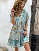 Kadın Kısa Kollu Yakası Bağcıklı önden Düğmeli Fırfır Desenli Süprem Elbise thumbnail 3